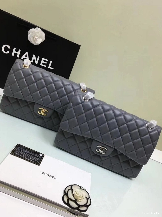 Size With CHANEL Lambskin Bag Leather Flap 1112 Silver Grey 30cm Hardware Large Gold 0806